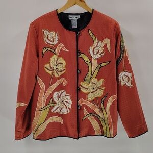 Indigo Moon Artisan Funky Wearable Art Orange Floral Quilted Jacket Size L